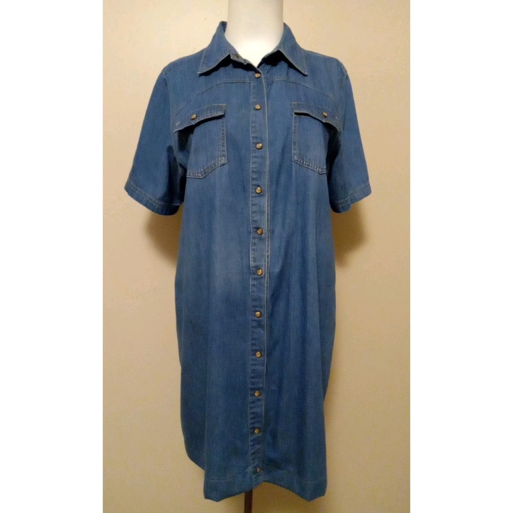 Avenue Blue Women Blue Lightweight Cotton Denim Pocket Snap Shirt Dress Size 20